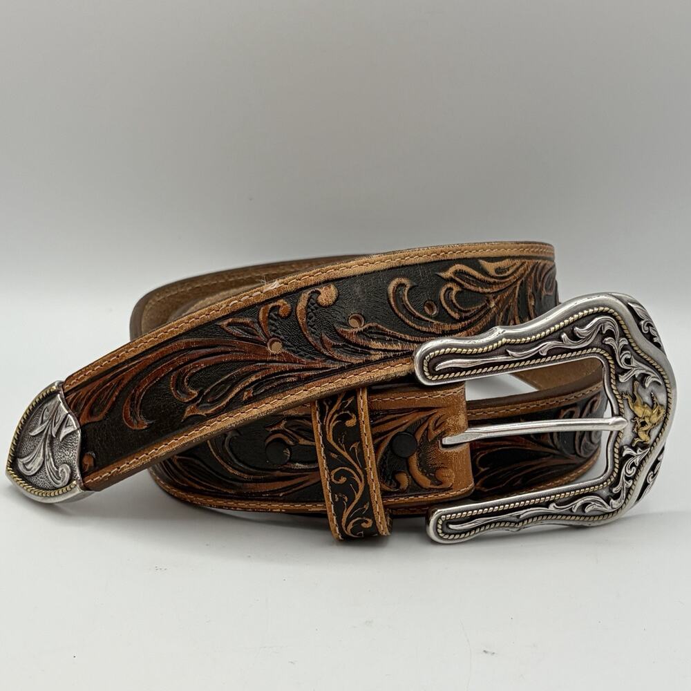 Tony Lama Men’s Black Brown Western Leather Belt C41514 Size 38 Buckle Belt Tip